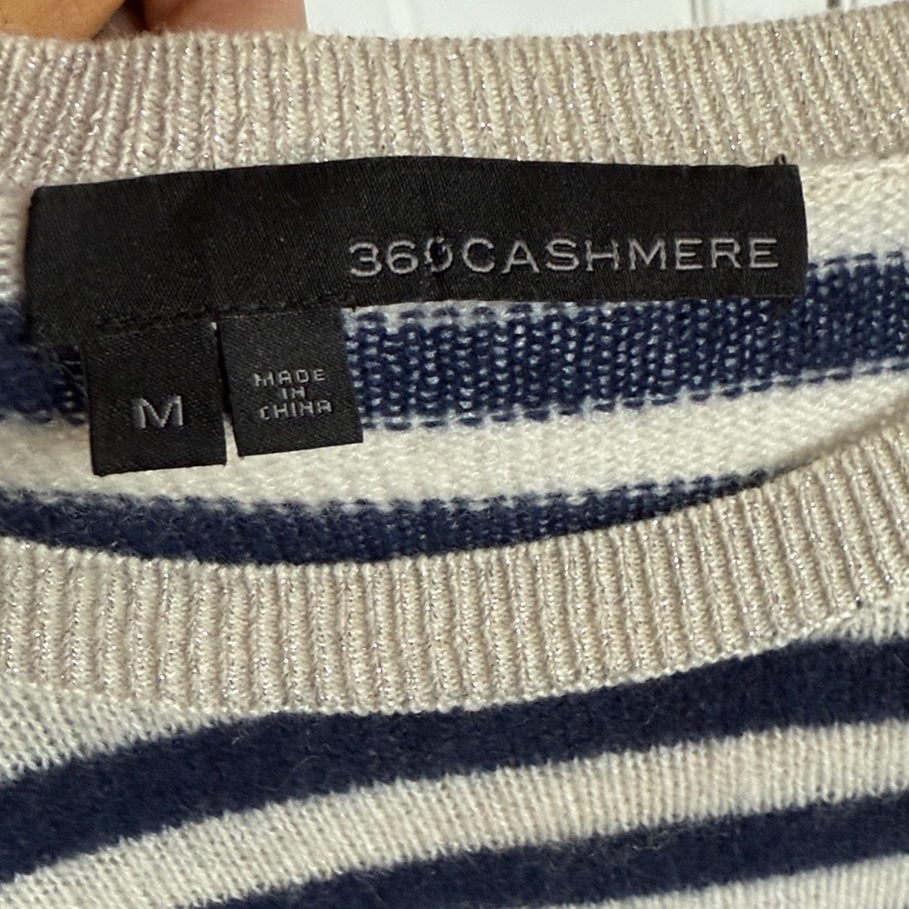 360 Cashmere Navy and Cream Striped Crewneck Sweater - Picture 3 of 6
